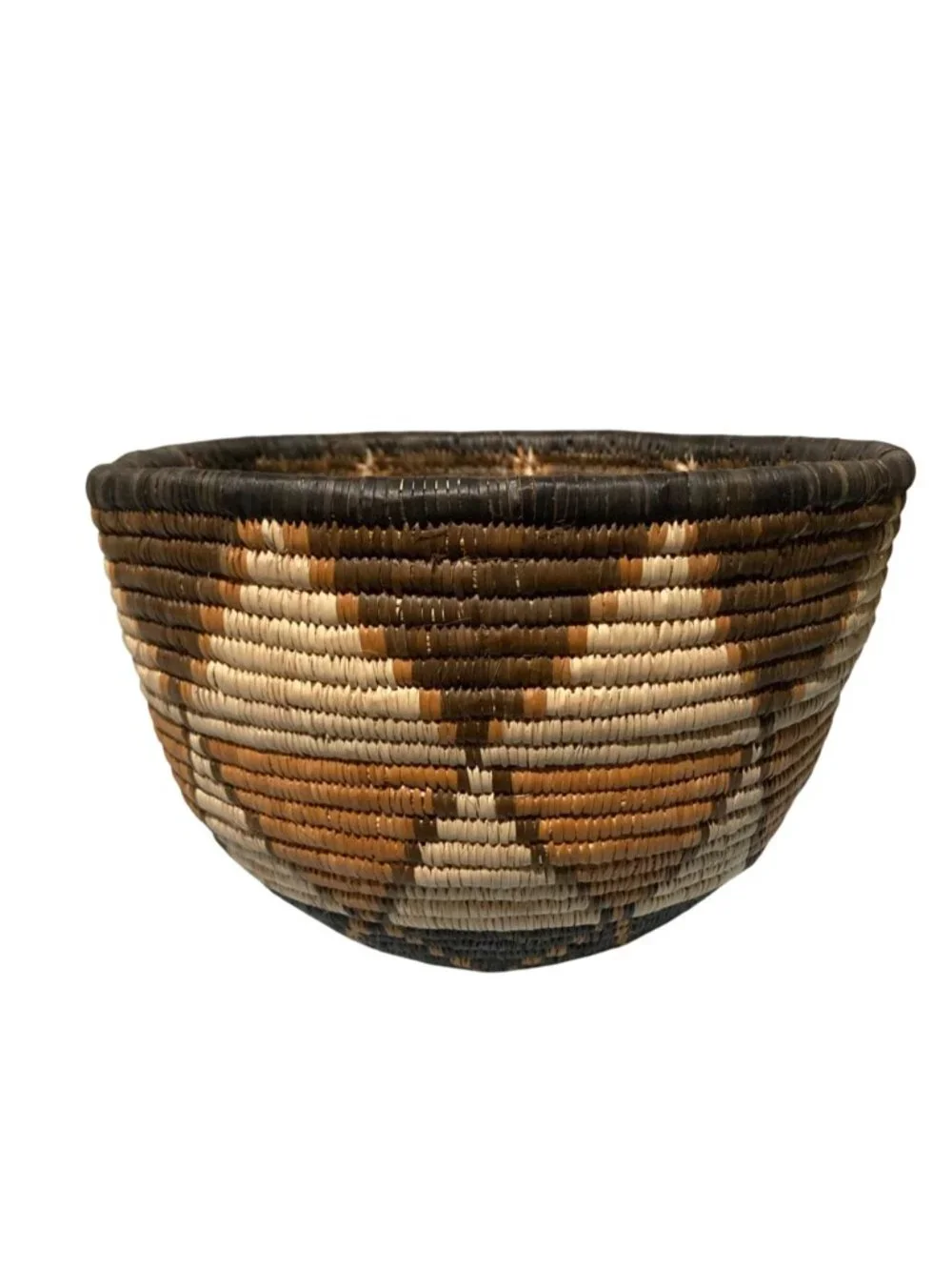 Vintage Handwoven Basket With Geometric Design In Earth Tone Colors